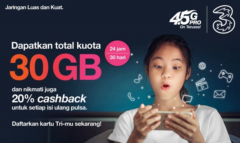 3 Indonesia Berikan Kuota 30GB